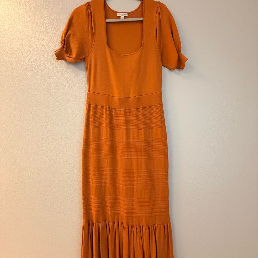 Eva Mendes for New York & Company Light Rust Custom Puff Sleeve Midi Dress
